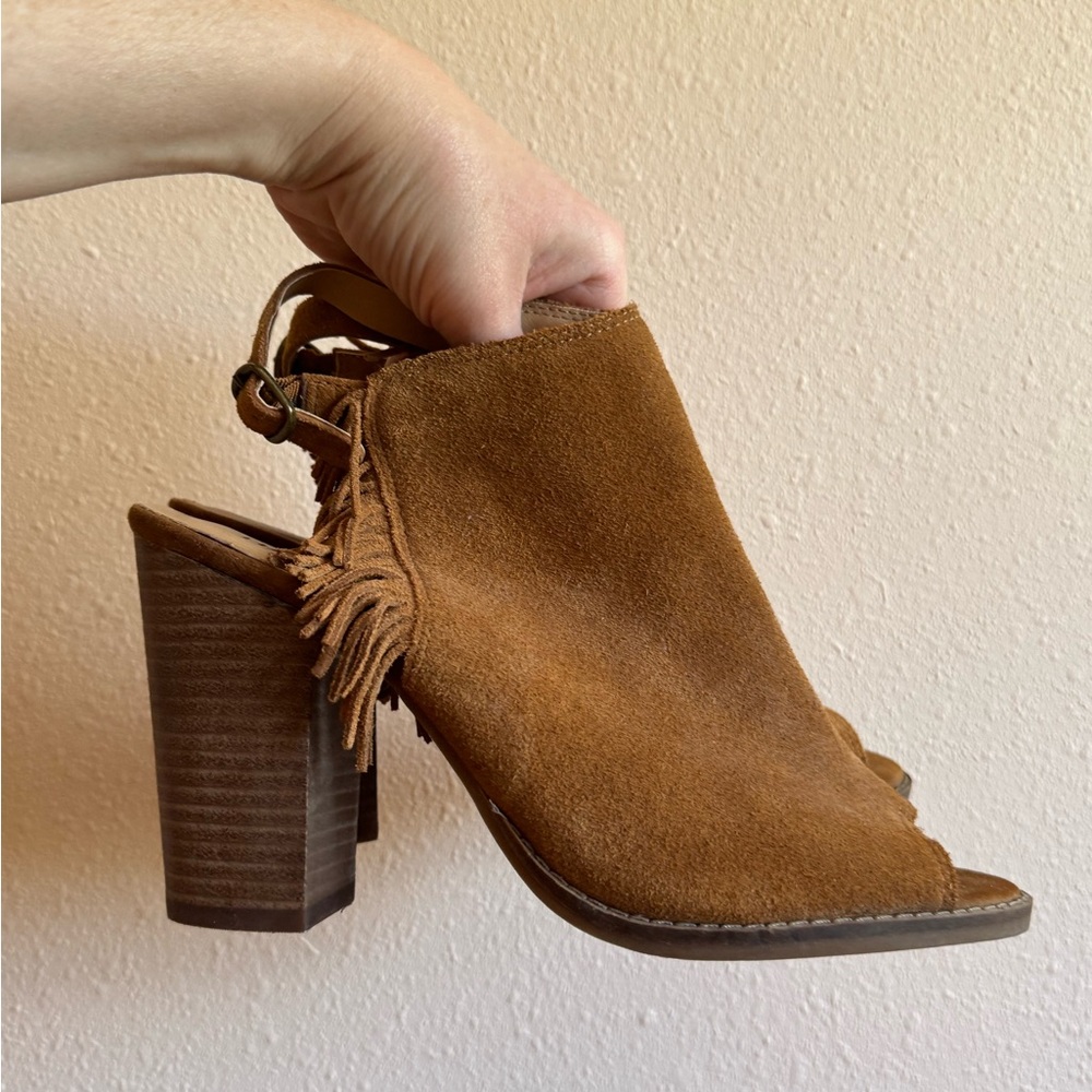 Lucky Brand Brown Suede Peep-Toe Block Heel Sandals